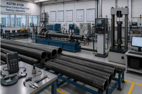 The image shows a universal testing machine, hydrostatic pressure tester, ultrasonic inspection system, and seamless carbon steel pipes undergoing ASTM A106 quality testing.