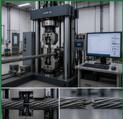 The image shows a universal testing machine performing tensile testing on multi-wire steel prestressing strands using specialized grips and extensometers.