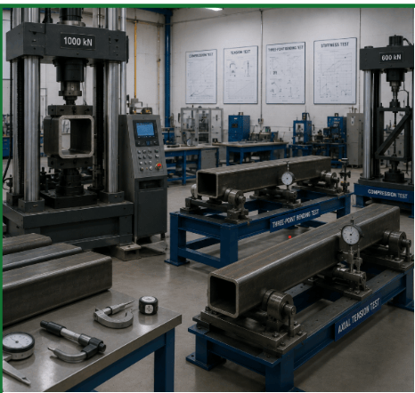 The image shows a Universal testing machine, dimensional inspection equipment, and welded hollow structural steel sections undergoing ASTM A1085 quality testing.