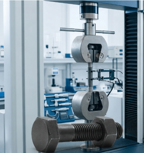  The image shows tensile testing of a metal bolt according to ASTM A307.