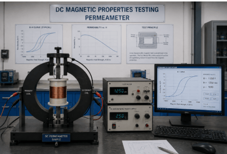 The image shows a laboratory permeameter measuring the direct-current magnetic properties of a soft magnetic steel specimen during ASTM A341 testing.
