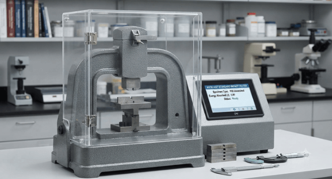 The image shows an impact testing machine to assess the impact toughness of different grades of cast iron as described in ASTM A327.