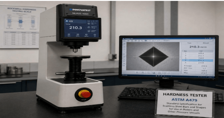 The image shows a hardness tester measuring the hardness of a stainless-steel sample for ASTM A479.