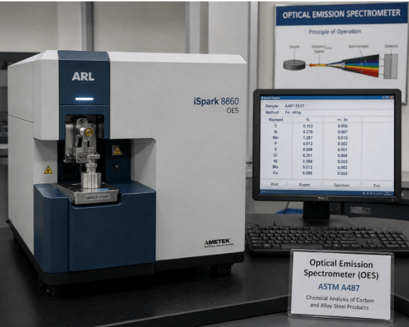 The image shows an optical emission spectrometer analyzing the chemical composition of steel castings for ASTM A487.