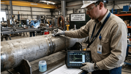 The image shows a digital ultrasonic flaw detector, ultrasonic transducer, calibration block, and forged turbine-generator steel retaining ring used for ASTM A531 ultrasonic examination.
