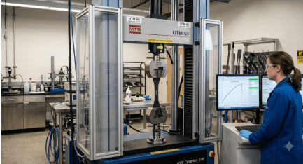 The image shows a universal testing machine (UTM) performing tensile testing on ASTM A572 high-strength low-alloy structural steel specimens to measure yield strength, tensile strength, and elongation.