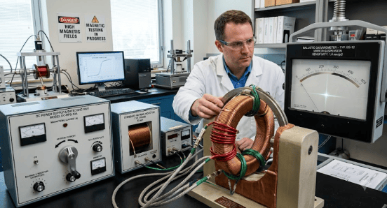 The image shows a ballistic permeameter connected to a ring specimen measuring the direct-current magnetic properties of soft magnetic materials during ASTM A596 testing.