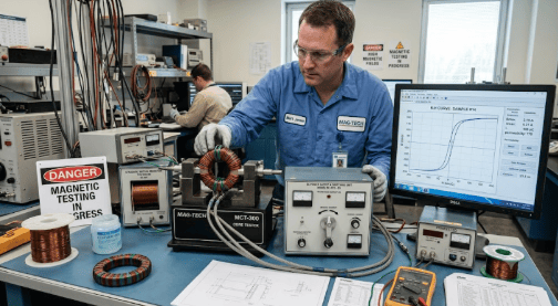 The image shows a magnetic core tester measuring the magnetic properties of a magnetic amplifier core during ASTM A598 testing.