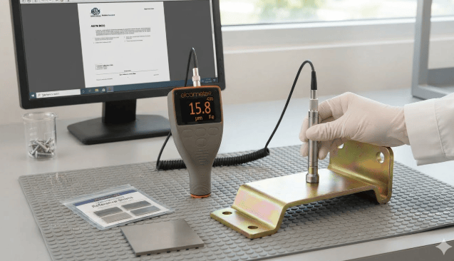  The image shows a digital magnetic induction gauge to verify zinc plating thickness on a steel component in compliance with ASTM B633.