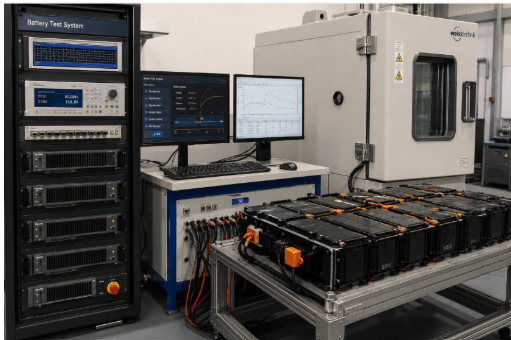 The image shows an electric vehicle (EV) battery testing laboratory equipped with battery cyclers, environmental chambers, and monitoring systems.