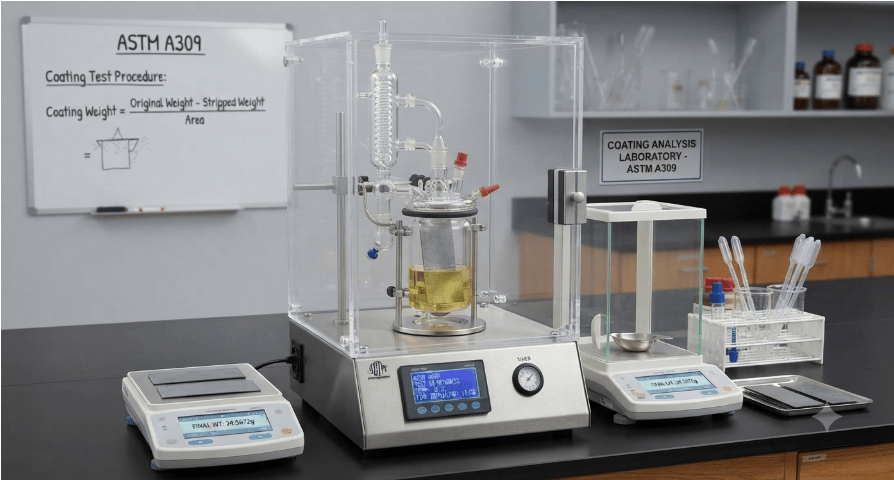 This figure shows an analytical balance used for accurate weighing of terne-coated sheet specimens during coating weight and composition testing according to ASTM A309.