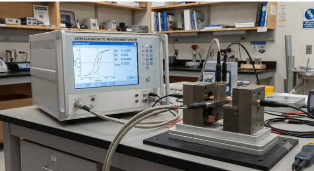 The image shows a magnetic measurement system for magnetic testing and magnetic property evaluation, as per ASTM A340.