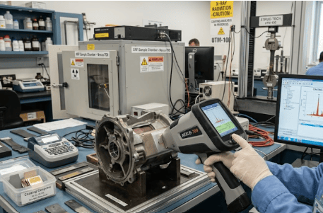 The image shows an X-ray fluorescence analyzer measuring the coating weight of a metallic-coated steel specimen according to ASTM A754.