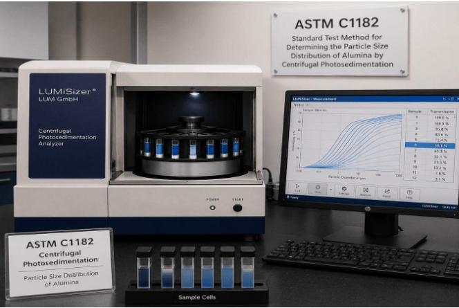 This image shows a centrifugal sedimentation analyzer determining the particle size distribution of alumina samples as described in ASTM C1182. 
