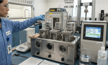 The image shows laboratory equipment, including an analytical balance, chemical bath, and ceramic-glass enamel specimens used for ASTM C1203 alkali resistance testing.