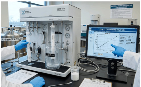 The image shows a BET surface area analyzer measuring the specific surface area of advanced ceramic powders according to ASTM C1274.