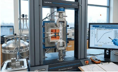 Universal testing machine equipped with precision grips and an extensometer performing monotonic tensile testing according to ASTM C1275.