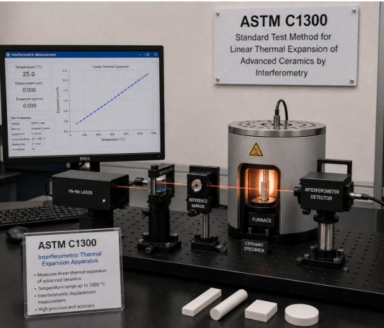 This image depicts an interferometric thermal expansion apparatus measuring the linear thermal expansion of advanced ceramic materials according to ASTM C1300.