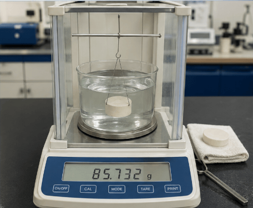 The image shows a fired ceramic specimen suspended in water using an analytical balance for specific gravity determination according to ASTM C329.