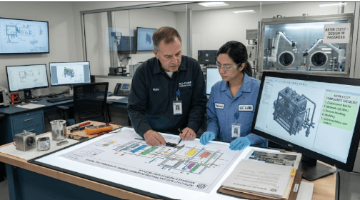 The image shows equipment designs, shielding layouts, and safety documentation for nuclear and radioactive material processing systems following ASTM C1217.