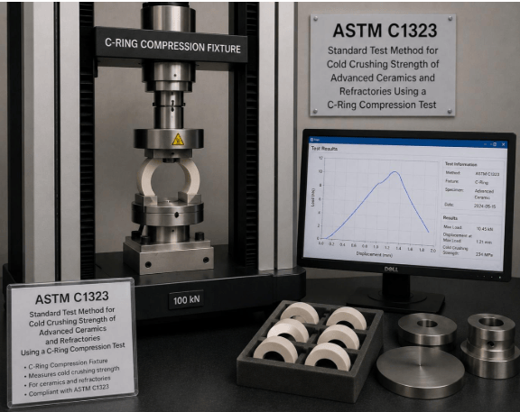 The image shows a C-ring compression fixture to determine the ultimate strength of advanced ceramic C-ring specimens according to ASTM C1323.