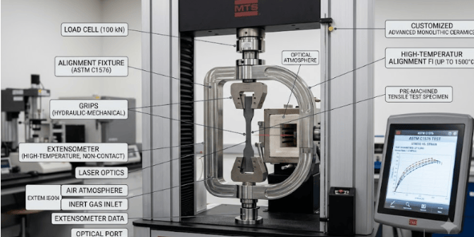 The image shows a universal testing machine evaluating slow crack growth of advanced ceramic specimens by constant-stress flexural testing according to ASTM C1576.
