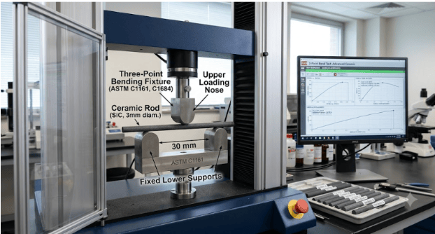 The image shows a universal testing machine performing flexural strength testing on cylindrical advanced ceramic rod specimens according to ASTM C1684.