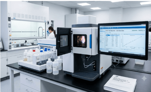 The image shows an ICP-OES laboratory instrument analyzing the chemical composition of soda-lime and borosilicate glass according to ASTM C169.