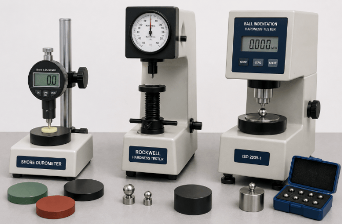 The image shows a Shore durometer, a Rockwell hardness tester, and a ball indentation testing apparatus for evaluating the hardness of plastic and rubber materials.