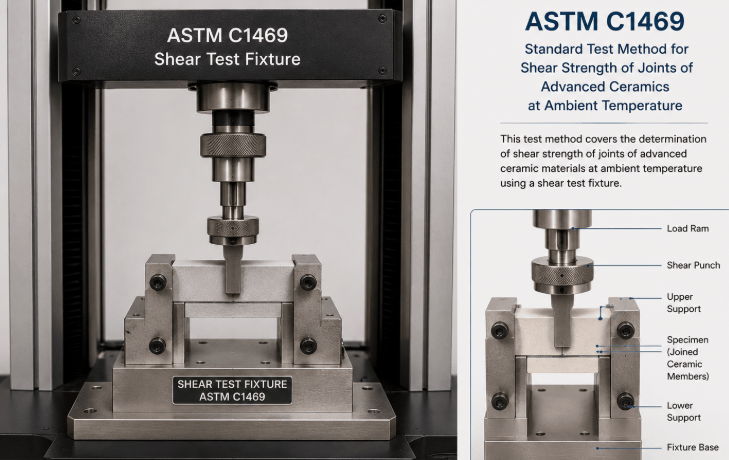 This image shows a shear test fixture mounted on a universal testing machine for evaluating the shear strength of advanced ceramic joints at ambient temperature as per ASTM C1469.