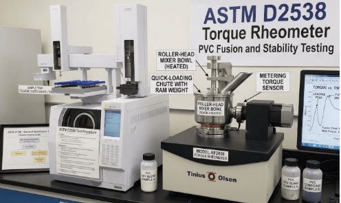 The image shows a torque rheometer mixing a PVC compound under controlled heat and shear to evaluate fusion characteristics and record torque behavior. 