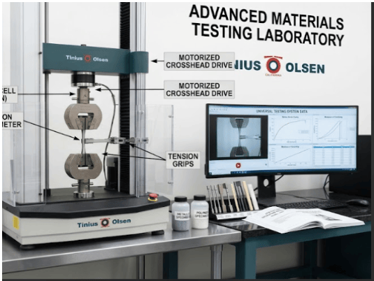 The image shows a universal testing machine used to evaluate the mechanical properties of polybutylene plastics according to ASTM D2581.
