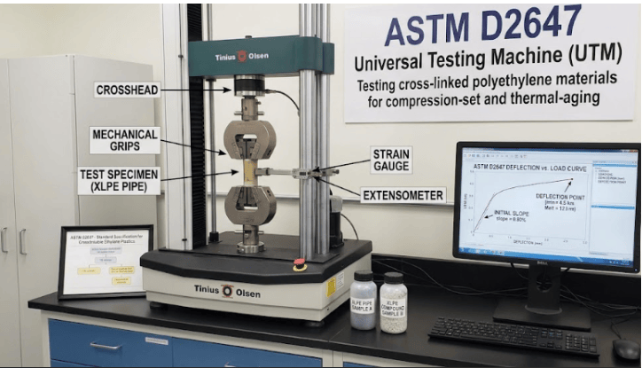The image shows a universal testing machine evaluating the mechanical properties of crosslinkable ethylene plastic specimens according to ASTM D2647.