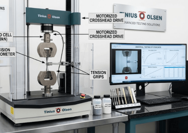 The image shows a universal testing machine evaluating the tensile properties of oriented polypropylene film specimens according to ASTM D2673.