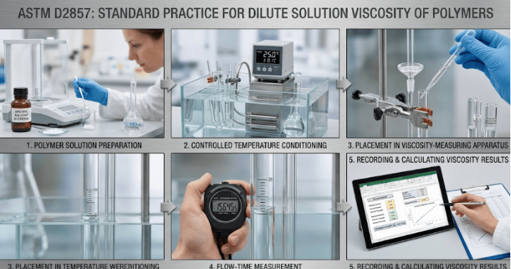 ASTM D2857 testing process showing polymer solution preparation, controlled temperature conditioning, placement in a viscosity-measuring apparatus, flow-time measurement, and recording of viscosity results.