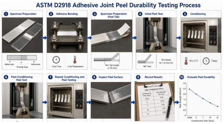 ASTM D2918 testing process showing adhesive-joint specimen preparation, mounting in the peel-testing apparatus, application of peel stress, monitoring of joint durability, and recording of test results.