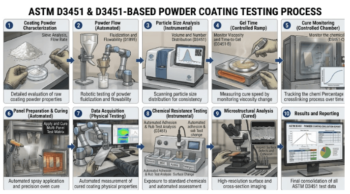  ASTM D3451 testing process showing coating powder preparation, application to test panels, controlled curing, evaluation of selected coating properties, and recording of test results.