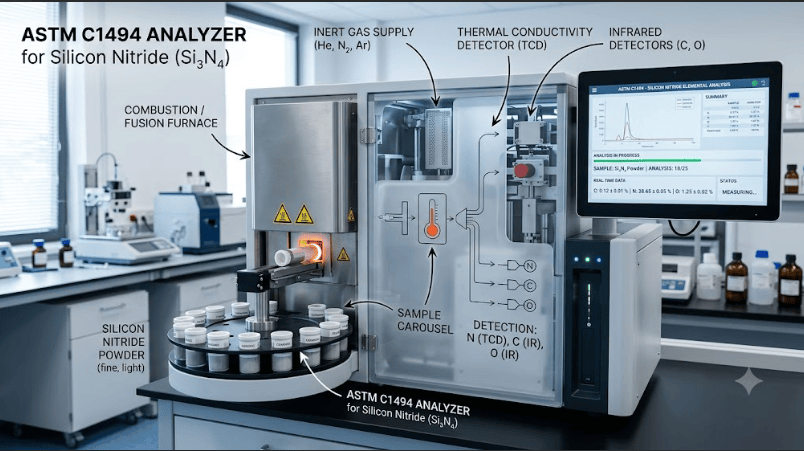 The image shows a laboratory elemental analyzer performing carbon, nitrogen, and oxygen analysis on silicon nitride powder according to ASTM C1494.