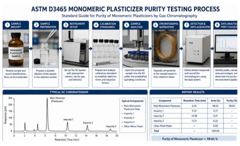 The image shows the ASTM D3465 testing process, including plasticizer sample preparation, gas chromatograph setup, sample injection, chromatographic separation, detector response, peak-area measurement, purity calculation, and impurity reporting.