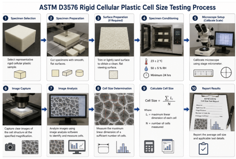 ASTM D3576 testing process showing rigid cellular plastic specimen preparation, exposure of the cellular structure, examination and measurement of representative cells, and recording of average cell-size results.