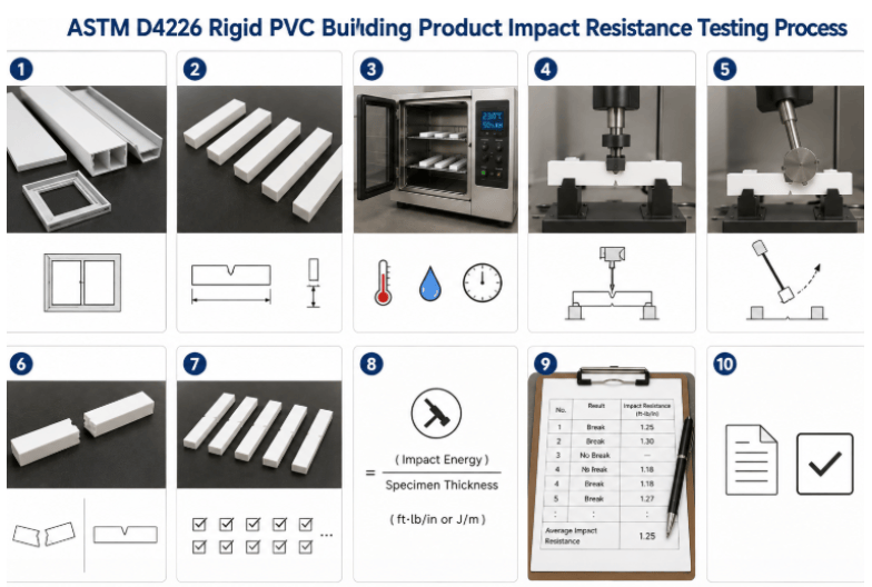  The image shows the ASTM D4226 testing process, showing rigid PVC specimen preparation, conditioning, placement in impact-testing equipment, impact application, specimen response evaluation, and recording of test results.