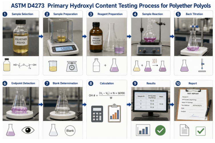 The image shows the ASTM D4273 testing process, showing polyether polyol sample identification and preparation, reagent preparation, chemical analysis, measurement, calculation, and reporting of primary hydroxyl content.