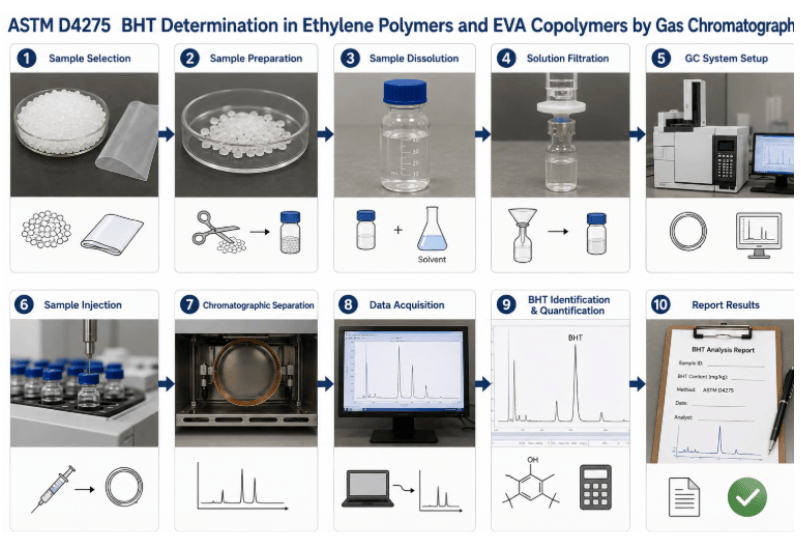 The image shows the ASTM D4275 testing process, showing polymer sample identification and preparation, sample extraction, gas chromatographic separation and detection of BHT, data analysis, and reporting of BHT concentration.