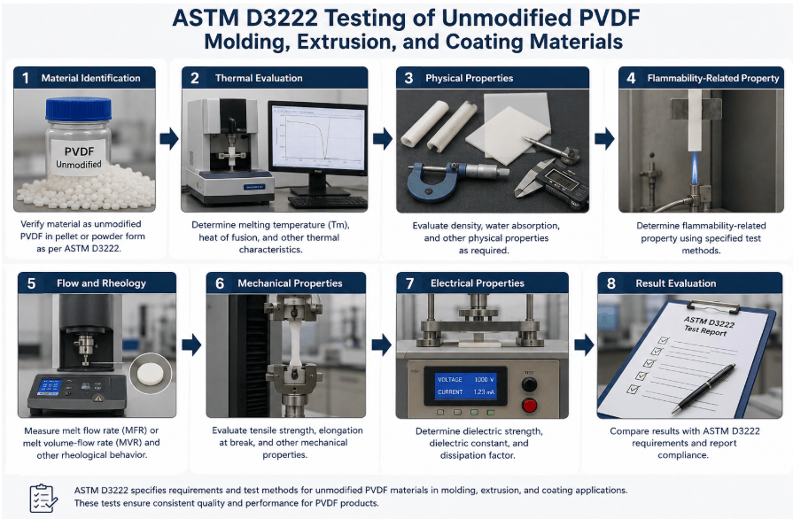  The image illustrates the ASTM D3222 testing workflow for unmodified PVDF materials, covering material identification, thermal evaluation, physical properties, flammability-related properties, flow and rheology, mechanical properties, electrical properties, and final result evaluation for compliance with ASTM D3222 requirements.