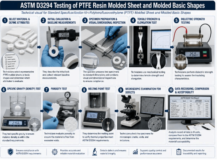  The image shows laboratory testing and inspection of molded PTFE sheets or basic shapes for dimensions, physical properties, electrical requirements, and defects.