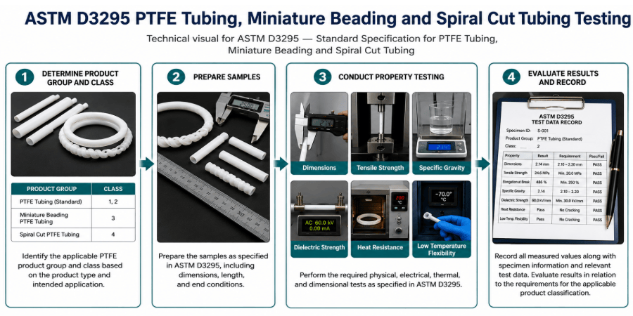  The image shows PTFE tubing specimens being evaluated in a laboratory for physical, electrical, thermal, and dimensional properties as per ASTM D3295.