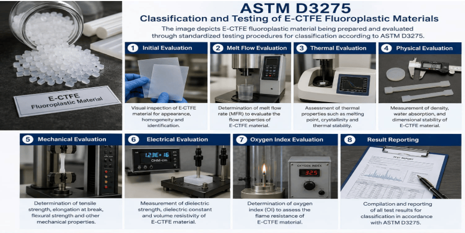 The image depicts E-CTFE fluoroplastic material being prepared and evaluated through standardized testing procedures for classification according to ASTM D3275.