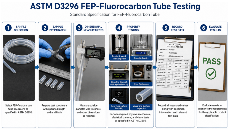  The image shows FEP tubing specimens being prepared and evaluated in a laboratory for dimensional, mechanical, electrical, and thermal properties according to ASTM D3296. 