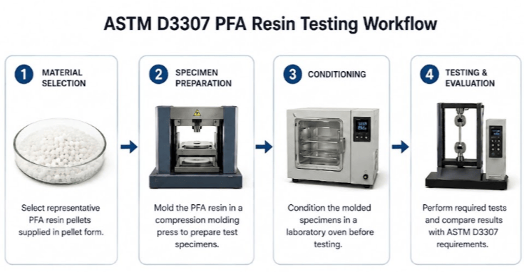 This image illustrates the working process of ASTM D3307 for evaluating PFA resin used in molding and extrusion. It shows four sequential steps: material selection, specimen preparation, conditioning, and testing and evaluation against the applicable ASTM D3307 requirements. 