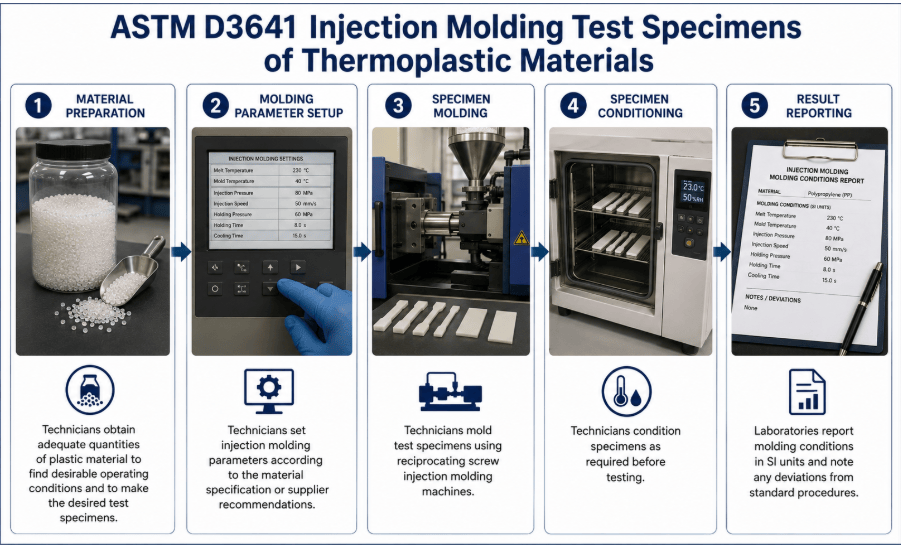 The image shows technicians injection molding thermoplastic material into test specimens under controlled processing conditions for subsequent laboratory evaluation.